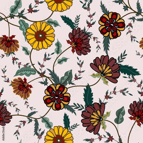 Floral seamless folk pattern, ethnic folklore flowers. Ethnic flowers, Jacobean traditional style on a white background. Classic indian motifs, trendy vector illustration