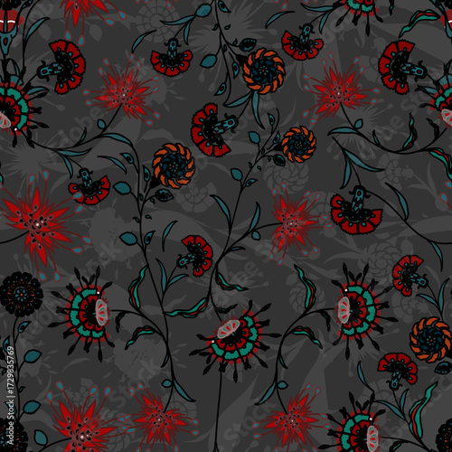 Floral seamless folk pattern, ethnic folklore flowers. Ethnic flowers, Jacobean traditional style on a white background. Classic indian motifs, trendy vector illustration