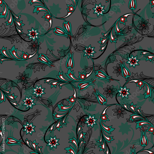Floral seamless folk pattern, ethnic folklore flowers. Ethnic flowers, Jacobean traditional style on a white background. Classic indian motifs, trendy vector illustration