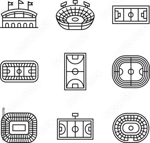Stadium icon set, sports field layout, vector illustration, soccer arena, football court, black silhouette, minimal design, urban architecture