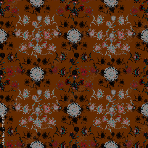 Floral seamless folk pattern, ethnic folklore flowers. Ethnic flowers, Jacobean traditional style on a white background. Classic indian motifs, trendy vector illustration