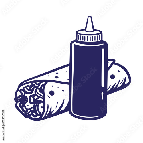 Monochrome illustration of a delicious wrap with condiment bottle perfect for food designs