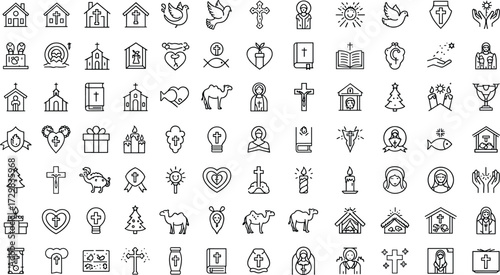Outline Christianity and Religious Holidays Vector Icons Set, SEO Optimized Collection for Church, Bible, Cross, Christmas, Nativity, Faith, and Spiritual 