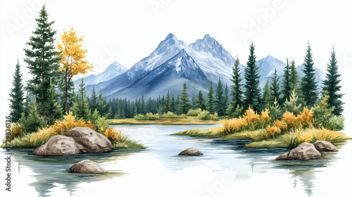 Mountain lake landscape watercolor style