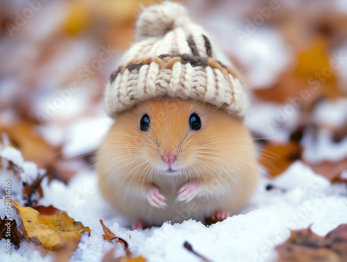 A Tiny Hamster Wearing a Beanie in the Snow, 눈 속에서 털모자를 쓴 아기 햄스터