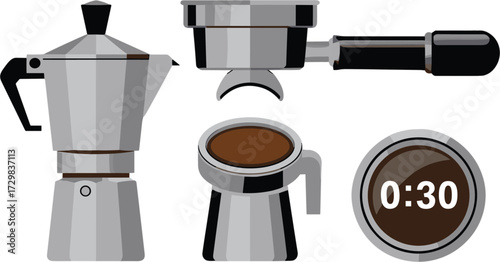 Coffee Maker with Moka Pot and Espresso Tools Illustration