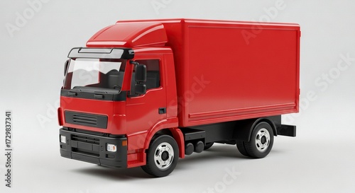 A red delivery truck is depicted against a plain white backdrop featuring black accents