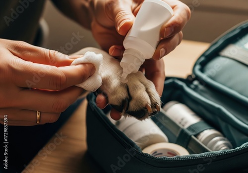 Person treating a dog's paw with medicine from a first aid kit.