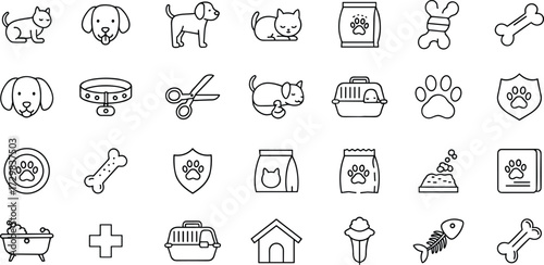 Outline Pet Care and Veterinary Medicine Vector Icons Set, SEO Optimized Collection for Dog, Cat, Grooming, Animal Shelter, Food, Health, and Adoption Concepts Line Art, Minimalist Design.