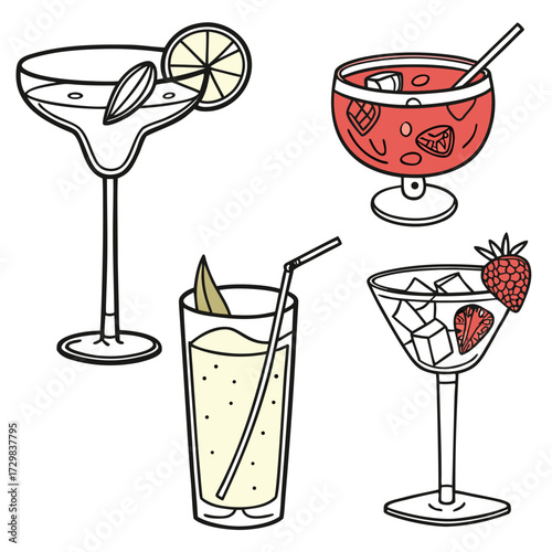 Colorful vector icon set of cocktail glasses with tropical fruits.