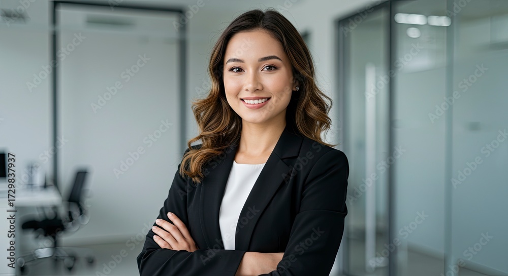 Fototapeta premium Confident woman in black blazer smiles with arms crossed in a modern office setting