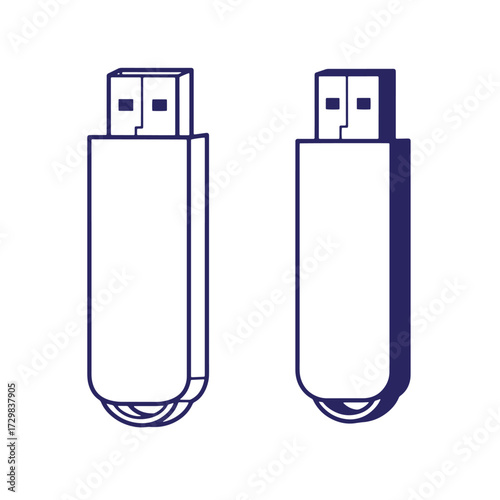 Two minimalist line art illustrations of usb flash drives on a clean white background