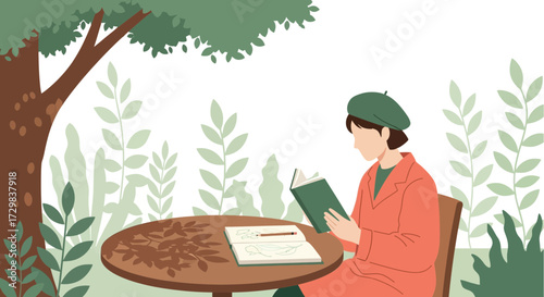 Peaceful reading and drawing in the garden surrounded by nature illustration