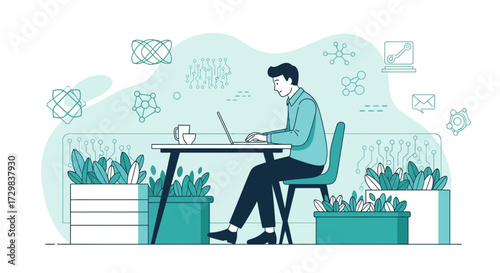 Modern workspace illustration featuring a man working on a laptop surrounded by plants and