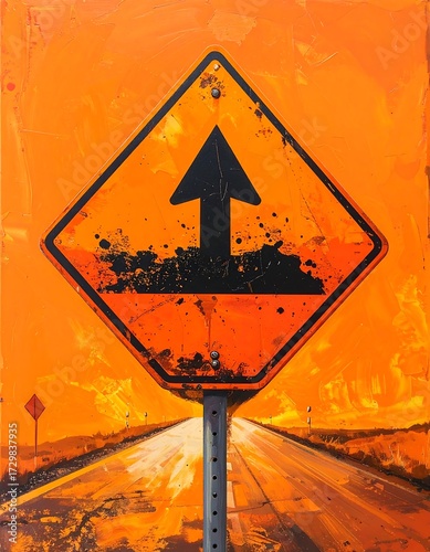 Grunge-textured diamond road sign with upward arrow, set against a fiery orange landscape and road