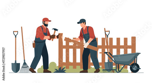 Professional Workers Constructing a Wooden Fence with Tools and Equipment in a Garden Setting