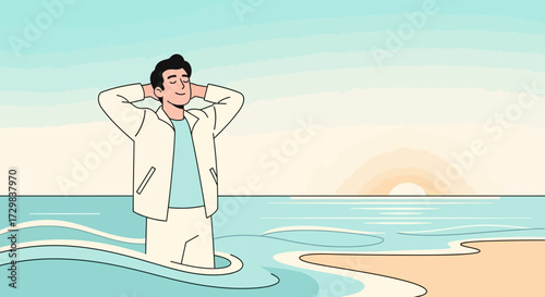 Relaxed man in suit enjoying ocean view with hands behind head at sunrise
