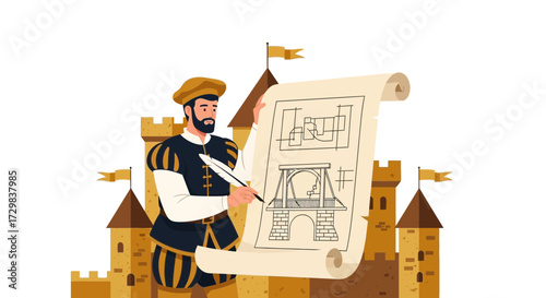 Renaissance architect creating a blueprint for a castle bridge design illustration