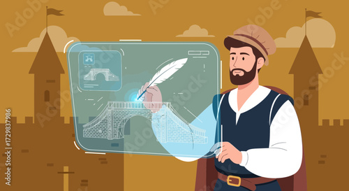 Renaissance architect designing bridge with quill and transparent touch screen technology