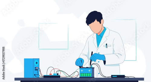 Scientist conducting research on battery technology and electrical components in the laboratory