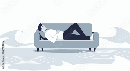 Serene relaxation: Man reclining on a couch in a stylized, calming environment
