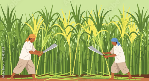 Sugarcane harvest scene showing traditional farming methods with farmers cutting canes