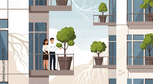 Stylish urban living featuring a couple enjoying the view from their high-rise balcony surrounded
