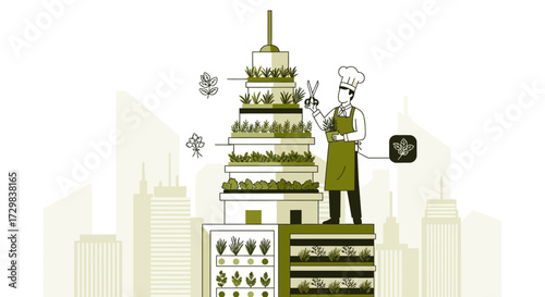 Sustainable urban farming concept featuring a vertical garden and a chef tending to the plants