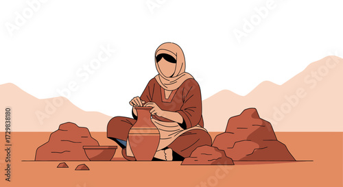 Traditional artisan crafting pottery in desert landscape, illustration style depicting woman