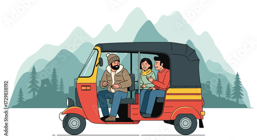 Three people riding in an auto rickshaw with mountains and trees in the background