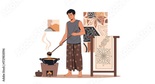 Traditional batik making process illustration showcases cultural heritage and artistry