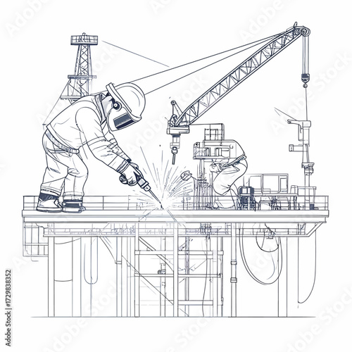 Offshore Industrial Construction Line Art Workers Welding on Energy Platform, Showcasing Complex Engineering and Global Infrastructure