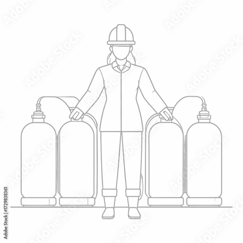Industrial Worker Standing With Compressed Gas Cylinders in a Chemical Plant