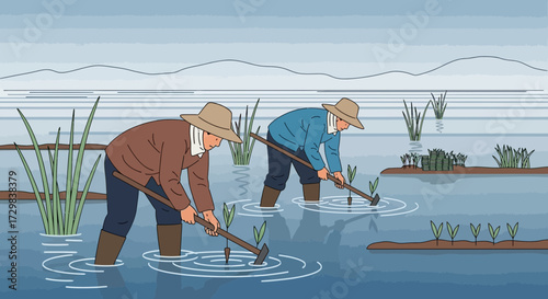 Traditional rice farming: Two farmers cultivating rice seedlings in a flooded field with