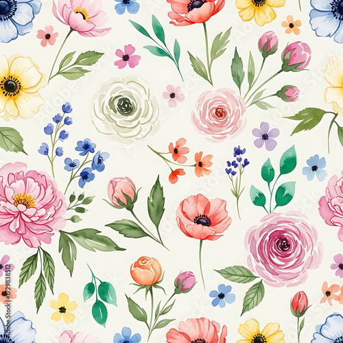 Wallpaper Mural Watercolor floral and leaf pattern of hand-painted wildflowers and sprawling leaves,created for wallpaper and fabric, illuminated with diffused Torontodigital.ca