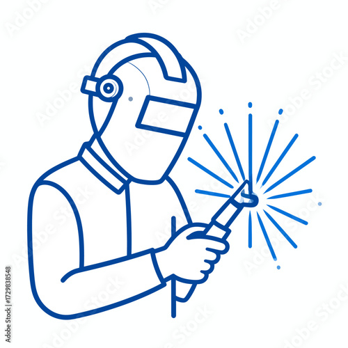 Flat vector outline illustration of a skilled worker performing welding with a torch and sparks, depicting industrial craftsmanship and metalwork on a clean white background