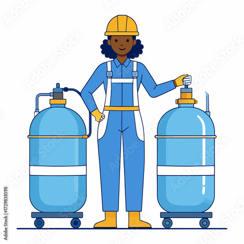 A welder wearing a hard hat and overalls stands between two large blue tanks, one with a valve being operated