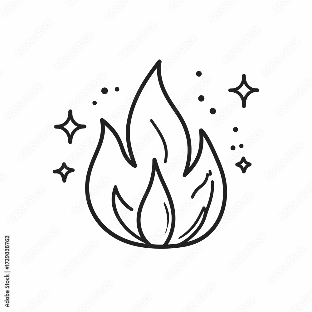 Fototapeta premium Simple black and white line art illustration of a flame with sparkle accents