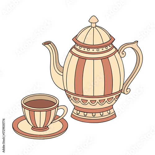 Elegant vector of teapot with steaming cup of tea.