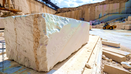 Raw sawn edge of massive marble block showing dense granular stone structure