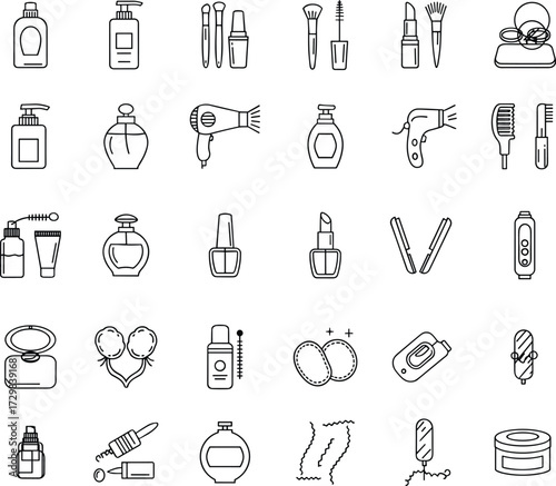 Outline Beauty, Cosmetics, and Skincare Vector Icons Set, SEO Optimized Collection for Makeup Tools, Hair Care, Body Lotion, Perfume, and Personal Hygiene Products Line Art.