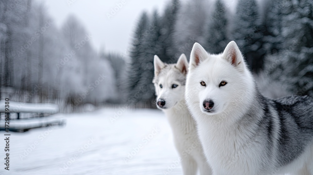 Naklejka premium Two Huskies in Snowy Winter Landscape White and Gray Fur Trees in Background