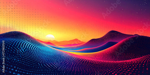 AI-rendered abstract digital landscape with vibrant gradient waves under a striking sunset, showcasing futuristic particle terrain and mesmerizing light effects