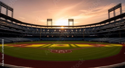 Empty baseball field and stadium during a beautiful golden sunset
