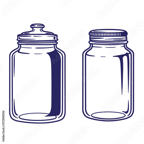 Vector illustration of two empty mason jars with lid and screw top isolated
