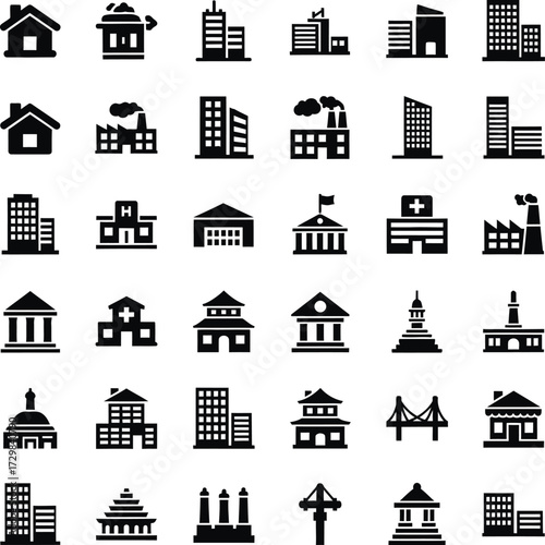 Collection of diverse building icons for urban and civic representation
