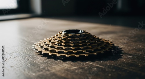 Close-up of a golden bicycle cassette on a wooden surface