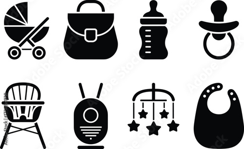 Baby care icon set featuring stroller, bottle, pacifier, bib, diaper bag, monitor, high chair, and mobile in vector design
