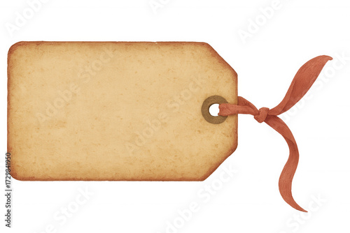 Old aged blank paper tag presenting a retro distressed texture and burnished edges, attached with a folded peach orange ribbon, on a transparent background