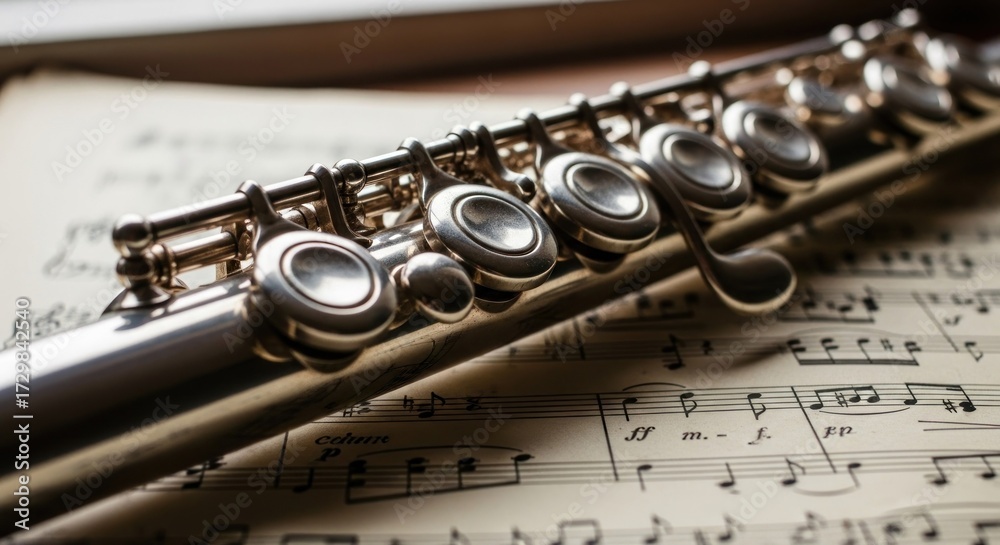 Obraz premium Close-up of a silver flute resting on old sheet music